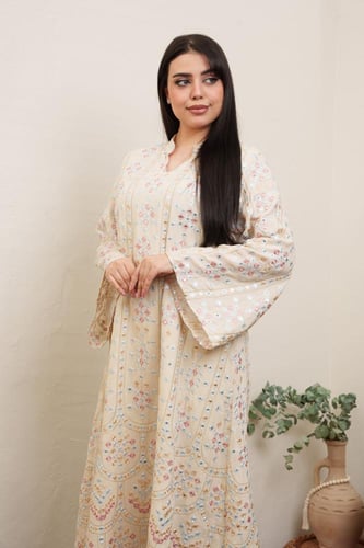 جلابية مدي استايل كويتي لون بيج موديل 2A5-6033