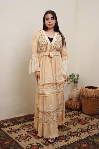 جلابية فري سايز استايل كويتي لون بيج موديل DK4-01