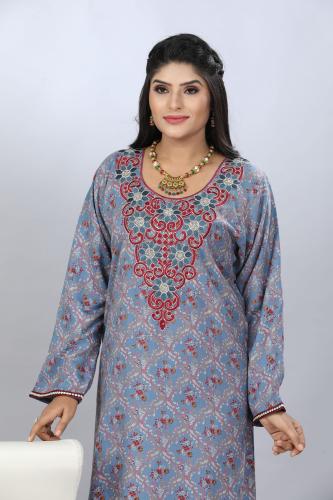 جلابية قطن كشميري ازرق تطريز القصب الفاخر موديل SQ...