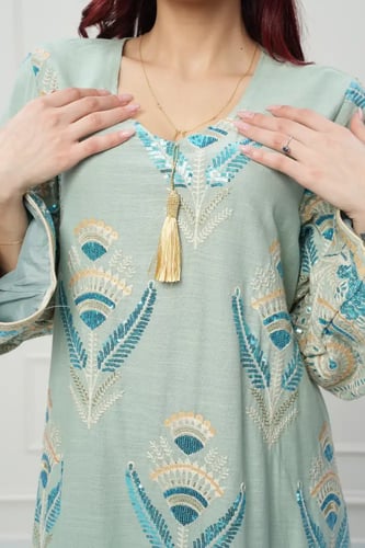 جلابية كويتي لون أخضر موديل CH6-104