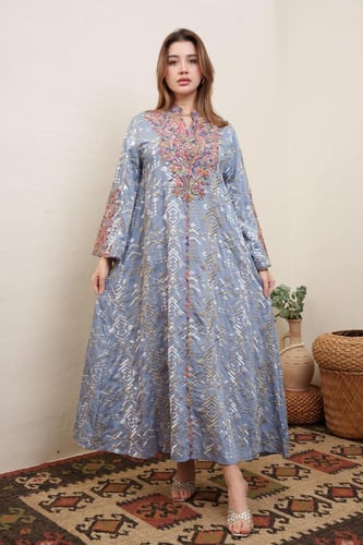 جلابية استايل مغربي لون ازرق موديل 2A5-6406