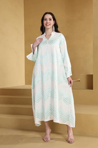 جلابية كويتي لون أوف وايت مع تركوازي موديل CH5-32A