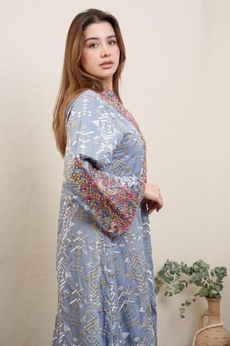 جلابية استايل مغربي لون ازرق موديل 2A5-6406