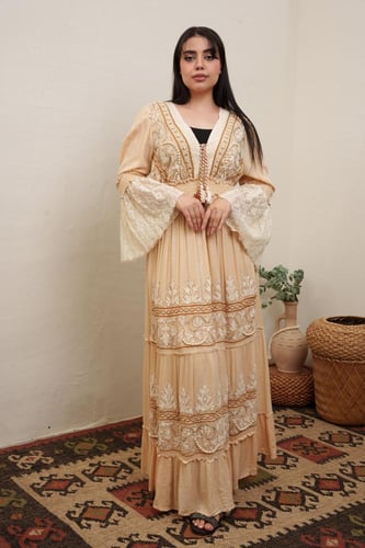 جلابية فري سايز استايل كويتي لون بيج موديل DK4-01