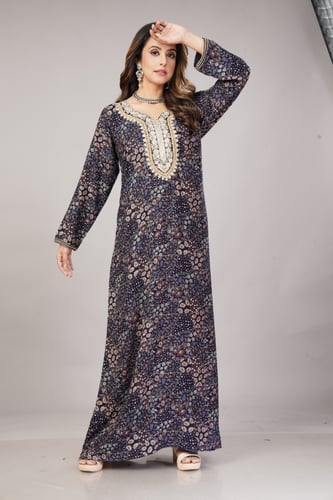 جلابية قطن كشميري لون كحلي تطريز القصب الفاخر مودي...