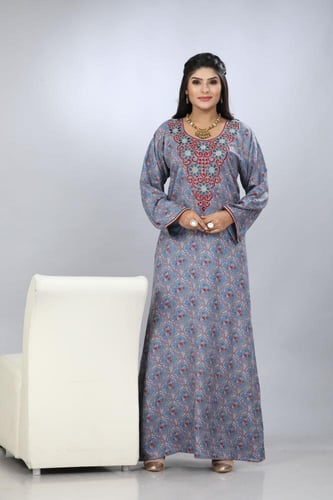 جلابية قطن كشميري ازرق تطريز القصب الفاخر موديل SQ...