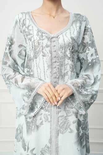 جلابية مغربي لون سماوي فاتح مع رمادي موديل CH6-70