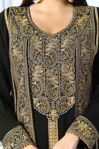 جلابية ستايل اماراتي لون زيتي بوليستر مطرز بالقصب...