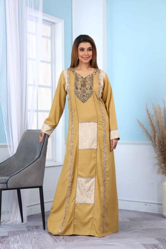 جلابية استقبال لون اصفر من البوليستر الناعم موديل...