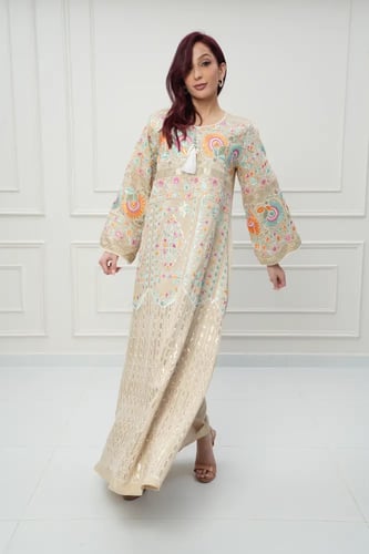 جلابية كويتي لون بيج فاتح موديل CH6-56