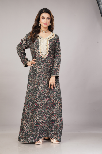 جلابية مقاسات كبيره لون زيتي من الكشمير والقطن مود...