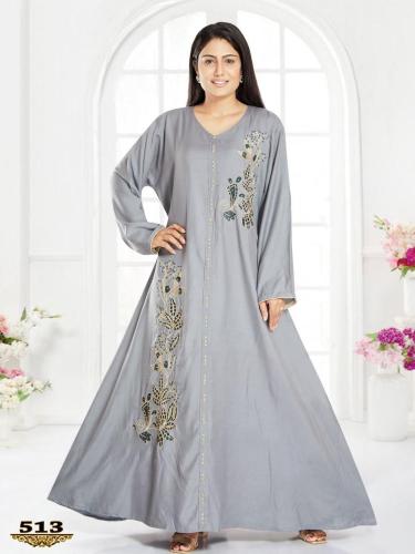 جلابية قطن تطريز رمادي فاتح بقصة كلوش موديل DB-18