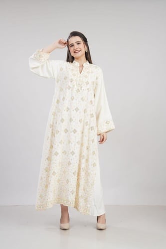 جلابية كتان استايل كويتي لون سكري موديل KK6-92