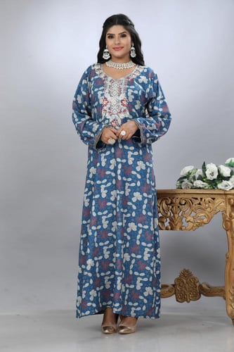 جلابية قطن كشميري ازرق تطريز حرير موديل SQ4-91