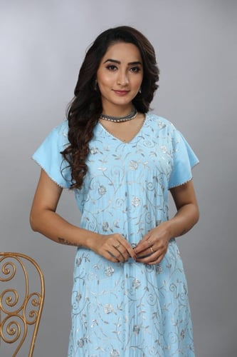 جلابية كويتية ميدي لون ازرق سماوي موديل KK4-051