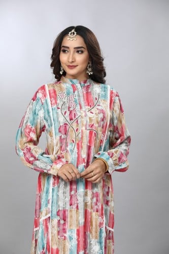 جلابية كويتية تطريز يدوي لون احمر مع ازرق سماوي مو...