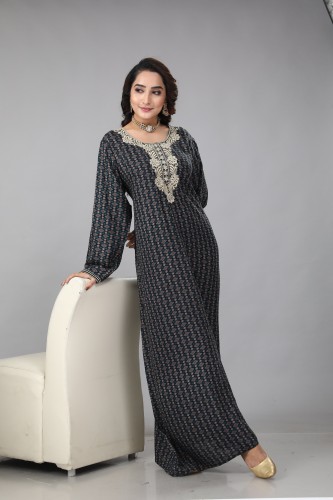 جلابية قطن منقوشة لون تركوازي في كحلي موديل SQ4-82