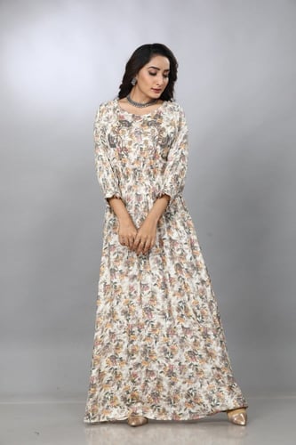 جلابية كويتية بنقوش زهريه لون ابيض موديل KK4-055A