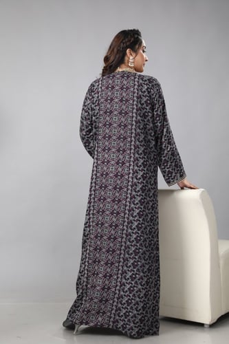 جلابية قطن منقوشة لون رصاصي وموف موديل SQ4-79