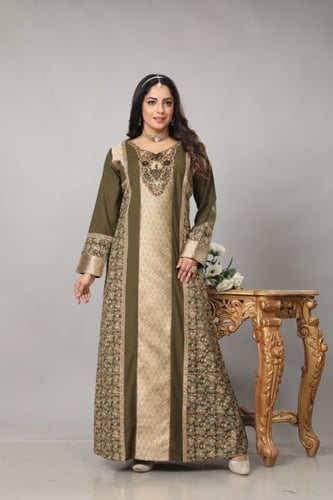 جلابية ستاتي لون زيتي مع لس ذهبي WS4-95