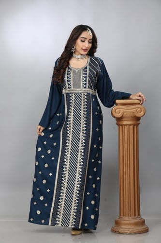 جلابية تطريز حرير من الفيسكوز والقطن ازرق غامق مود...