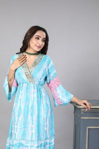 فستان استقبال حرير لون تركوازي موديل KB-47