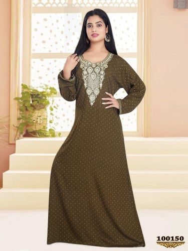 جلابية قطن تطريز منقطة لون زيتي موديل RB-12