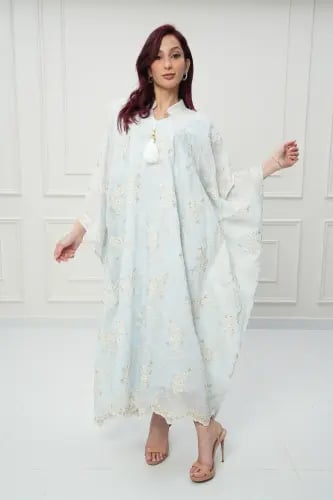 جلابية كويتي تصميم فراشة لون سماوي موديل CH6-79