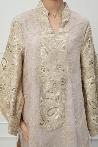 جلابية كويتي لون بيج موديل CH6-64