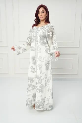 جلابية مغربي لون اوف وايت مع رمادي موديل CH6-70