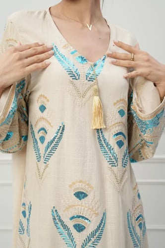 جلابية كويتي لون بيج موديل CH6-104