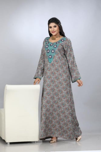 جلابية قطن كشميري بيج غامق تطريز القصب الفاخر مودي...