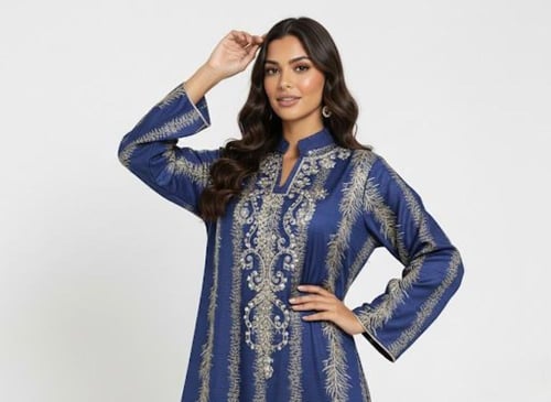 جلابية استايل كويتي ستاتي لون ازرق موديل CH6-109