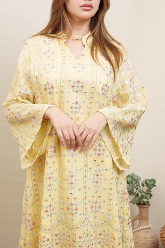 جلابية مدي استايل كويتي لون اصفر موديل 2A5-6033