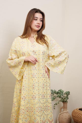 جلابية مدي استايل كويتي لون اصفر موديل 2A5-6033