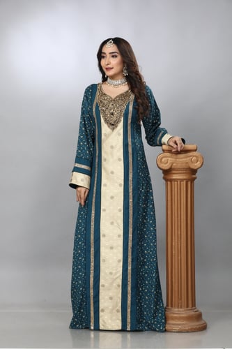 جلابية استقبال لون بترولي بوليستر مع قطن موديل WS4...