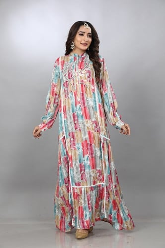 جلابية كويتية تطريز يدوي لون احمر مع ازرق سماوي مو...