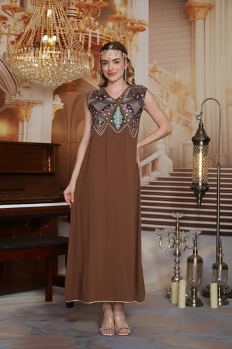 جلابية استايل كويتي لون بني موديل CH5-23