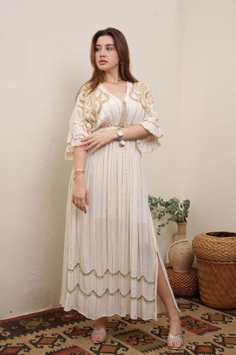 جلابية فري سايز استايل كويتي لون اوف وايت موديل DK...