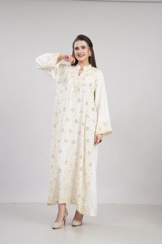 جلابية كتان استايل كويتي لون سكري موديل KK6-92