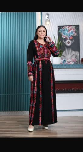 جلابية اردنية كريب بحزام اسود مع عودي موديل JD4-8