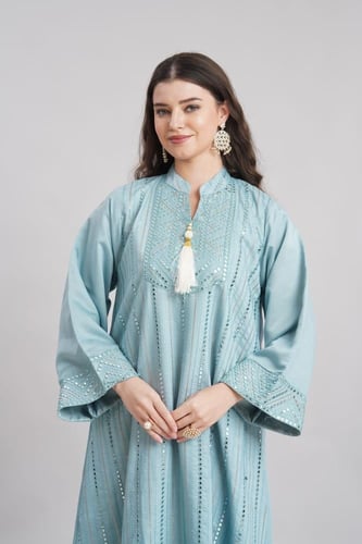 جلابية استايل كويتي لون سماوي موديل KK6-96