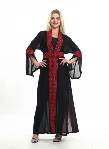 جلابية اردنية بأكمام واسعه لون اسود مع احمر موديل...