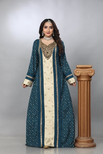 جلابية استقبال لون بترولي بوليستر مع قطن موديل WS4...