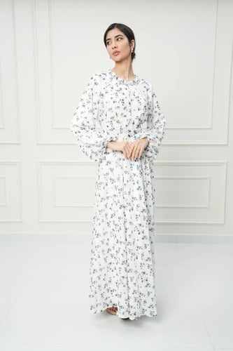 جلابية كويتي لون ابيض مشجر كحلي موديل CH5-14