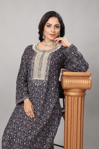 جلابية قطن كشميري لون كحلي صدرية موديل SX4-01