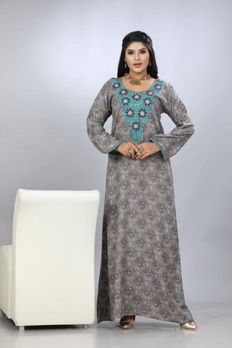 جلابية قطن كشميري بيج غامق تطريز القصب الفاخر مودي...