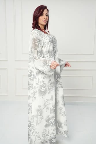 جلابية مغربي لون اوف وايت مع رمادي موديل CH6-70