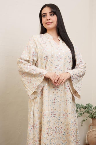 جلابية مدي استايل كويتي لون بيج موديل 2A5-6033