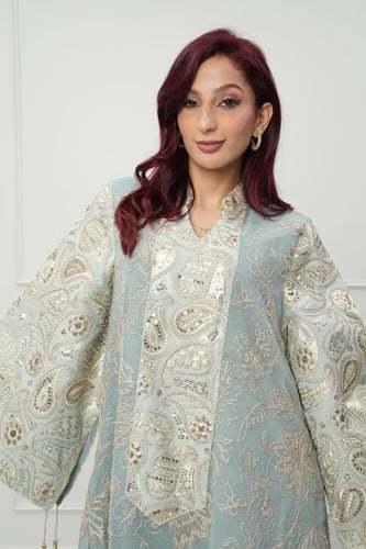 جلابية كويتي لون تيفاني موديل CH6-64